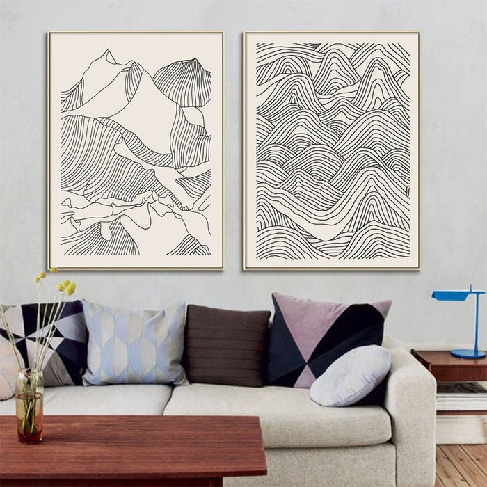 60cmx90cm Line Art Mountain 2 Sets Gold Frame Canvas Wall