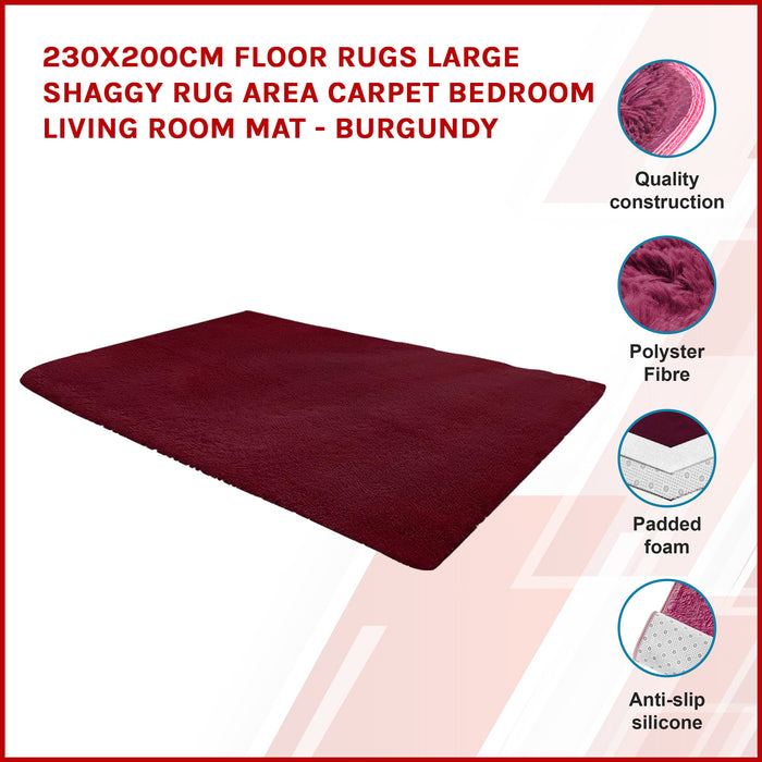 230x200cm Floor Rugs Large Shaggy Rug Area Carpet Bedroom Living Room Mat - Burgundy