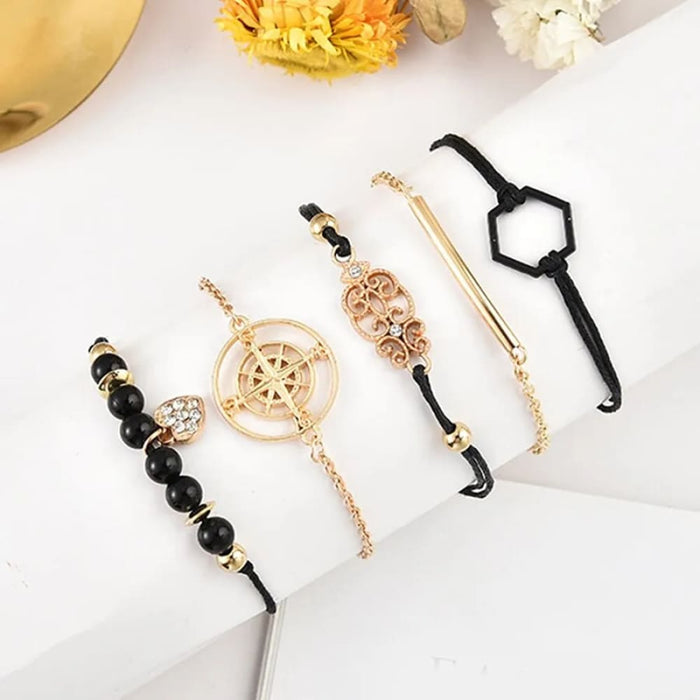 6pcs Black Flower Quartz Watch Dainty Bracelet for Women