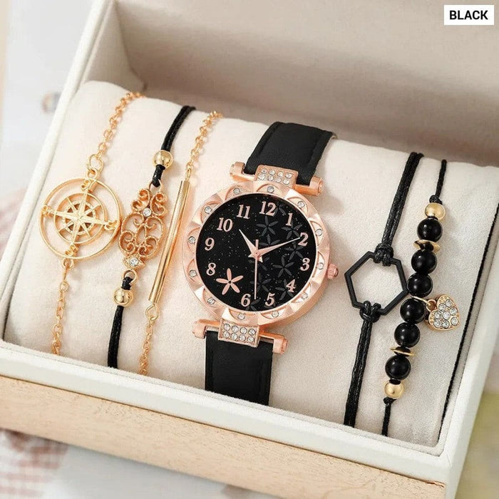 6pcs Black Flower Quartz Watch Dainty Bracelet for Women