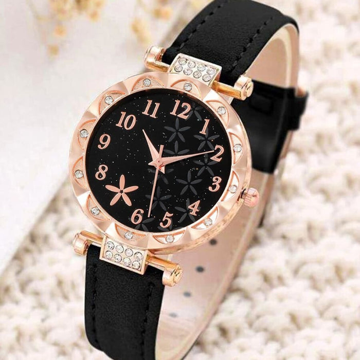 6pcs Black Flower Quartz Watch Dainty Bracelet for Women