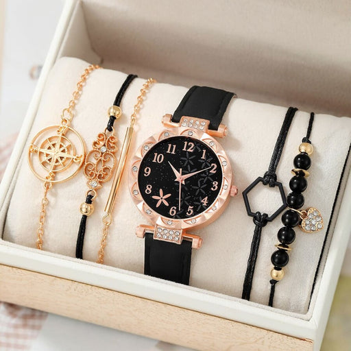 6pcs Black Flower Quartz Watch Dainty Bracelet for Women