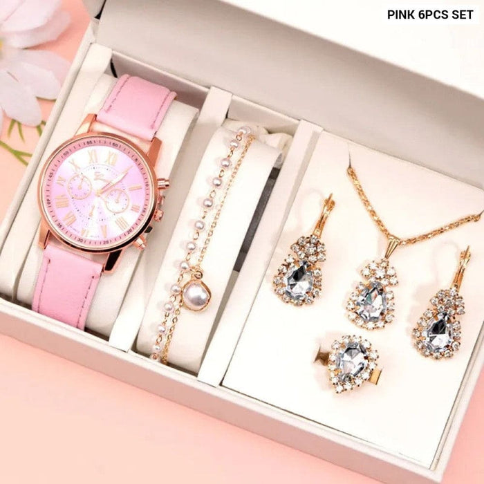 6pcs Set Fashion Women Watches Simple Ladies Business Pink