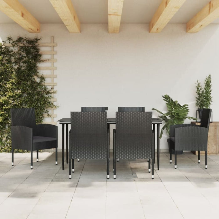 7 Piece Garden Dining Set Black Poly Rattan And Steel