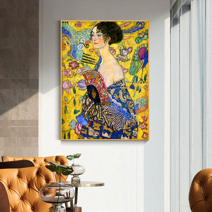 70cmx100cm Lady with a Fan by Klimt Gold Frame Canvas Wall