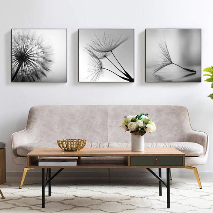 70cmx70cm Botanical Dandelions 3 Sets Black Frame Canvas