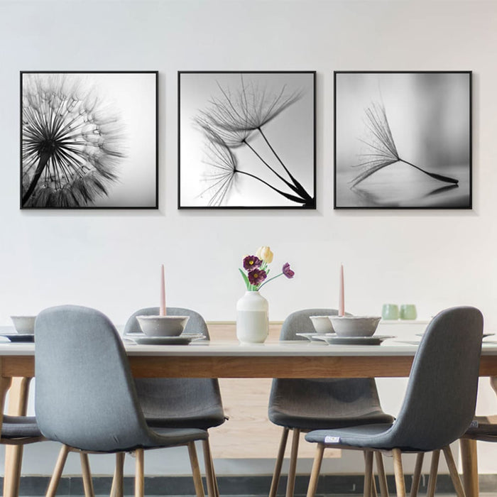 70cmx70cm Botanical Dandelions 3 Sets Black Frame Canvas