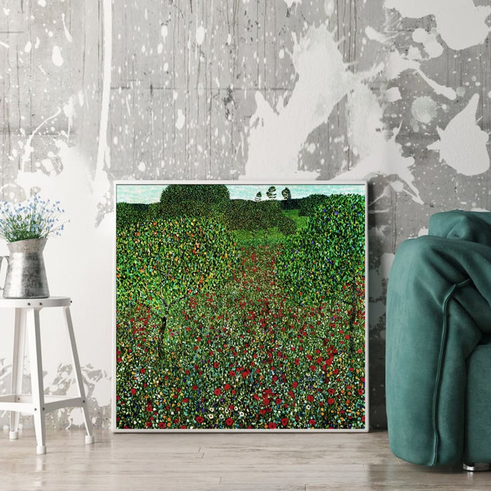 70cmx70cm Field of Poppies by Gustav Klimt White Frame