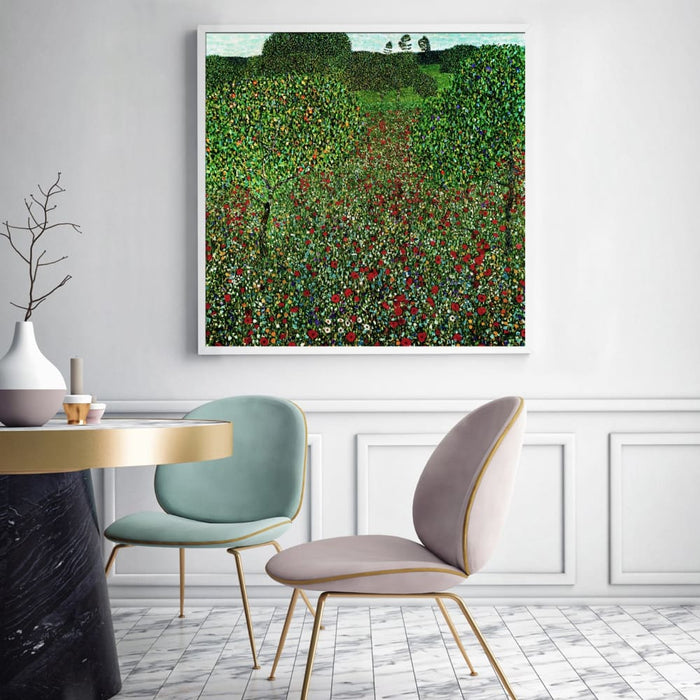 70cmx70cm Field of Poppies by Gustav Klimt White Frame