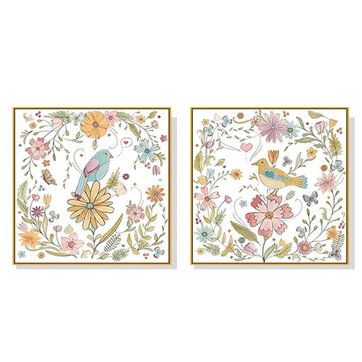 70cmx70cm Floral Birds 2 Sets Gold Frame Canvas Wall Art