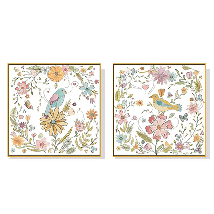 70cmx70cm Floral Birds 2 Sets Gold Frame Canvas Wall Art