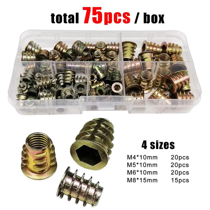 75pcs Mix Size Insert Nut Set Kit for Furniture M4 M5 M6 M8