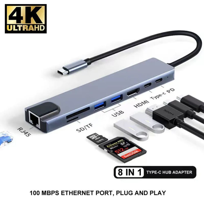 8 in 1 Type c 3.1 to 4k Hdmi Hub Adapter with Sd Tf Rj45