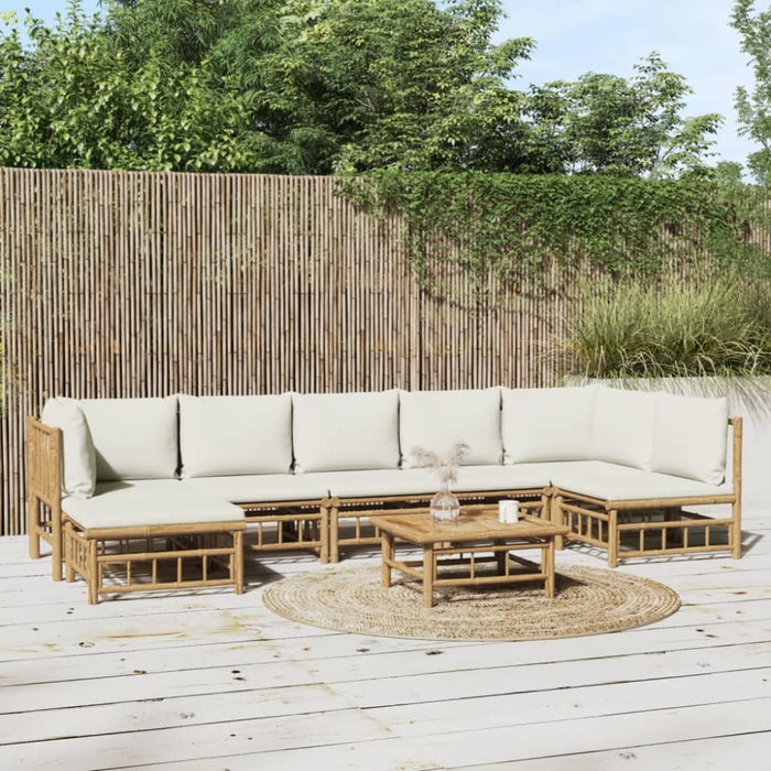 8 Piece Garden Lounge Set with Cream White Cushions Bamboo