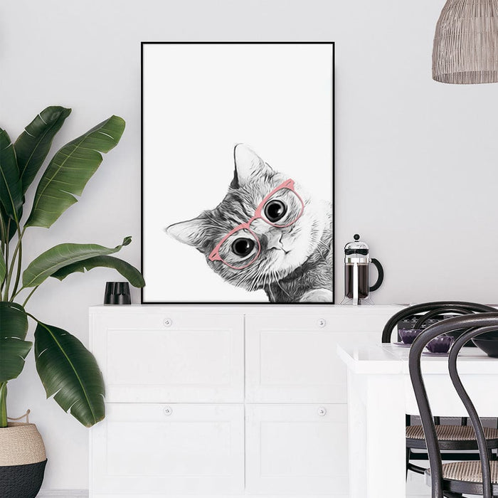 80cmx120cm Cat with Glasses Black Frame Canvas Wall Art