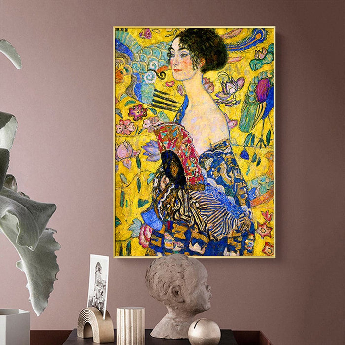 80cmx120cm Lady with a Fan by Klimt Gold Frame Canvas Wall