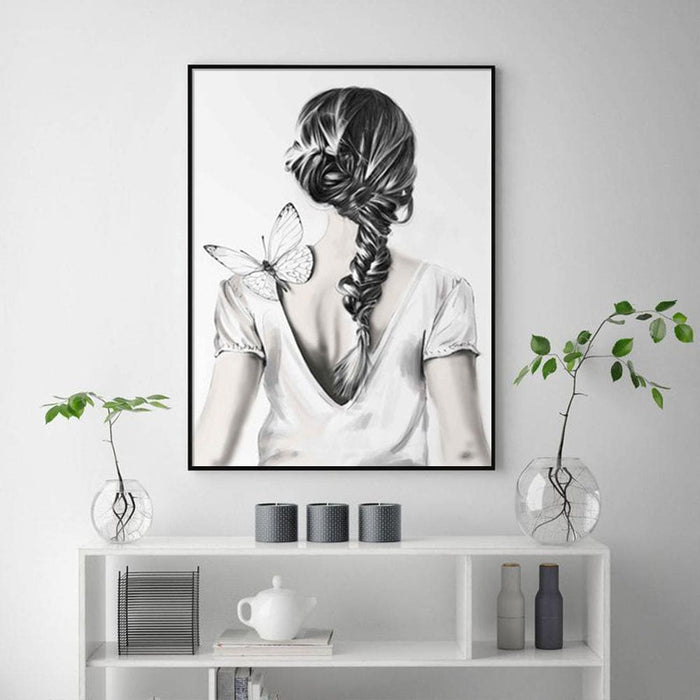 80cmx120cm Woman Back with Butterfly Black Frame Canvas