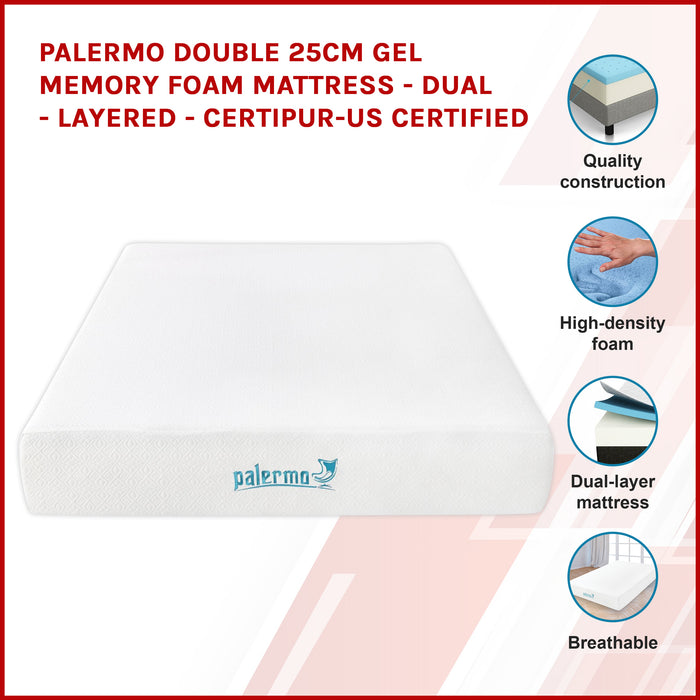 Palermo Double 25Cm Gel Memory Foam Mattress - Dual-Layered - Certipur-Us Certified