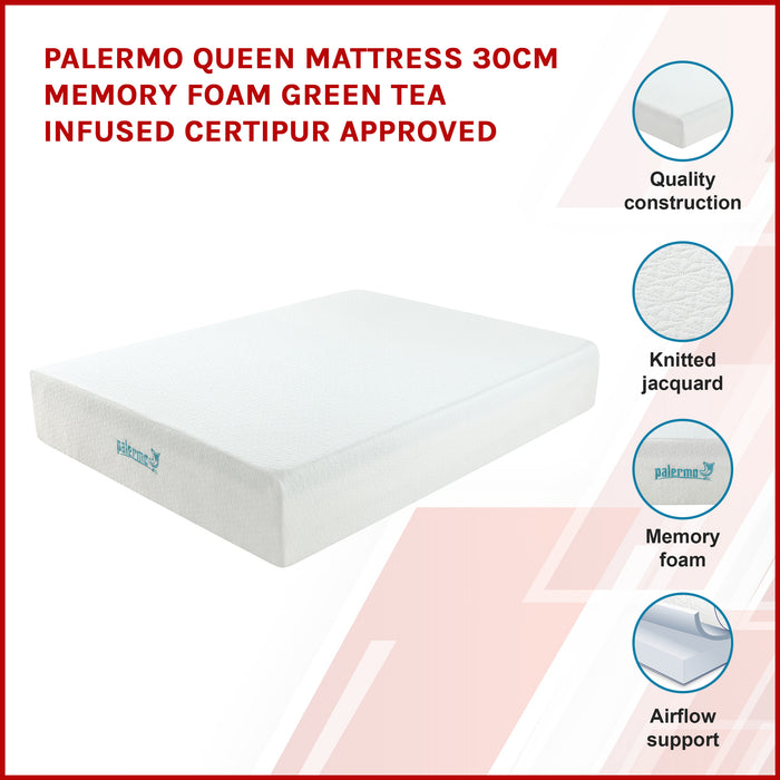 Palermo Queen Mattress 30Cm Memory Foam Green Tea Infused Certipur Approved