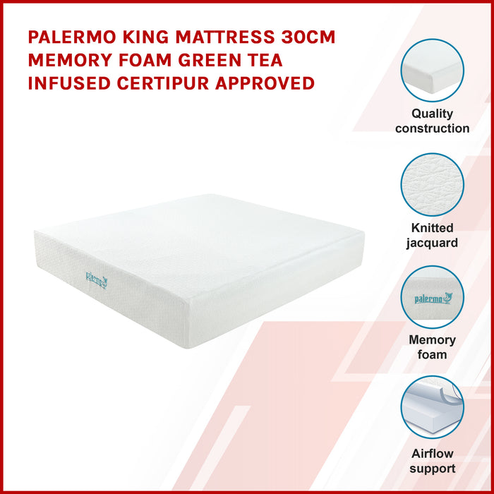 Palermo King Mattress 30Cm Memory Foam Green Tea Infused Certipur Approved