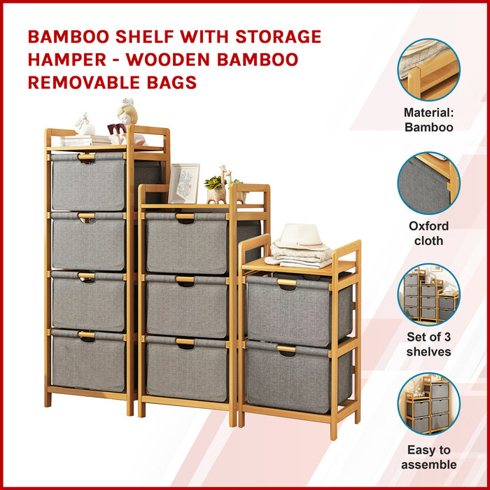 Bamboo Shelf With Storage Hamper - Wooden Bamboo Removable Bags