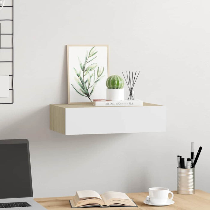 Wall-Mounted Drawer Shelf Oak And White 40X23.5X10Cm Mdf Ttbxak