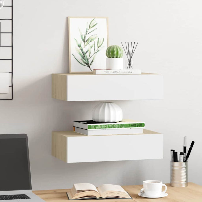 Wall Drawer Shelves 2 Pcs Oak And White 40X23.5X10Cm Mdf Ttbxpb