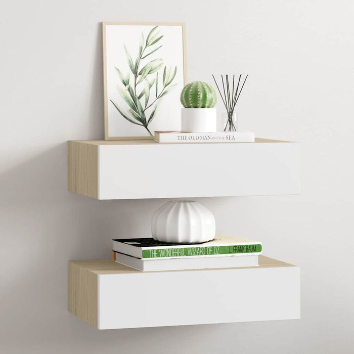 Wall Drawer Shelves 2 Pcs Oak And White 40X23.5X10Cm Mdf Ttbxpb