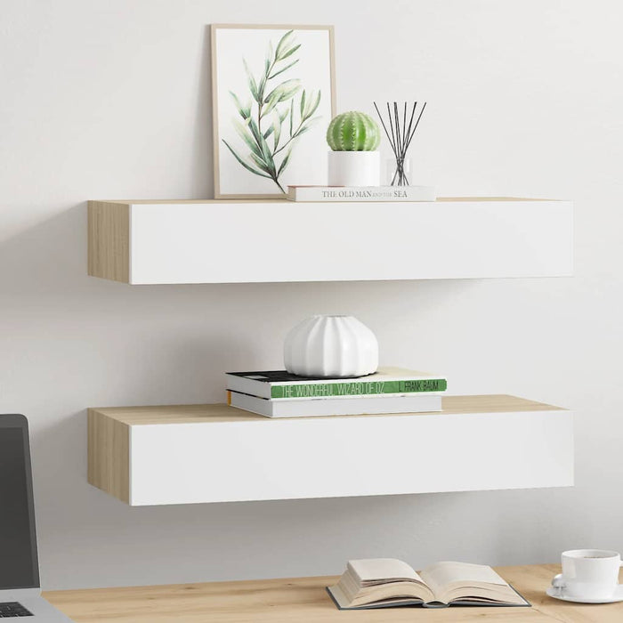 Wall Drawer Shelves 2 Pcs Oak And White 60X23.5X10Cm Mdf Ttbxla