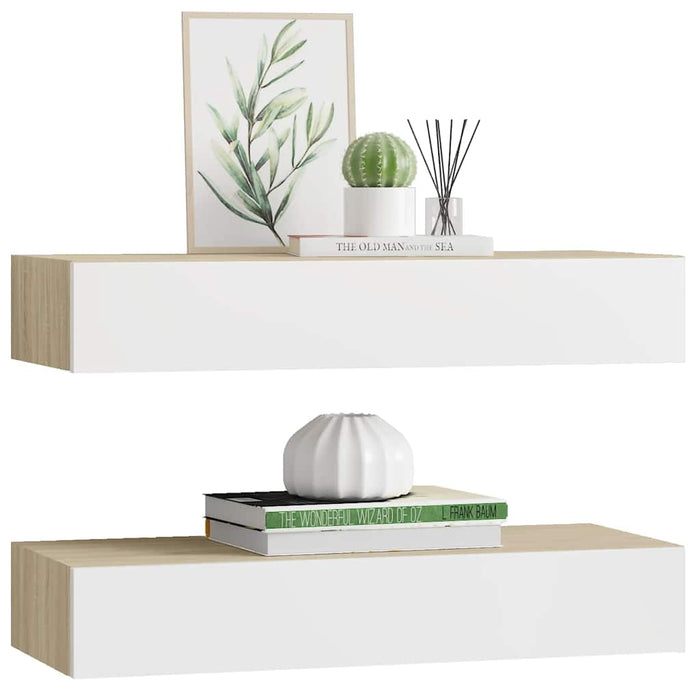 Wall Drawer Shelves 2 Pcs Oak And White 60X23.5X10Cm Mdf Ttbxla