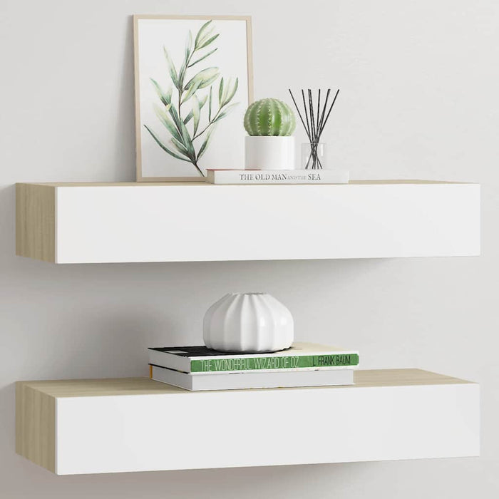 Wall Drawer Shelves 2 Pcs Oak And White 60X23.5X10Cm Mdf Ttbxla
