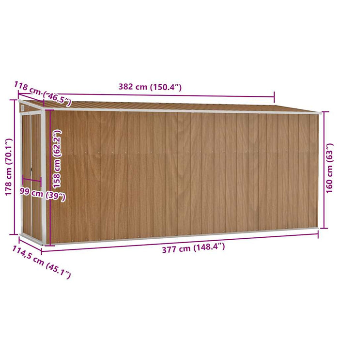 Wall-Mounted Garden Shed Brown 118X382X178 Cm Galvanised Steel Tolxtx