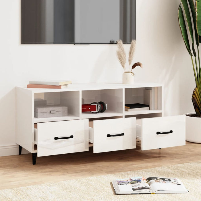 Tv Cabinet Glossy Look White 102X35X50 Cm Engineered Wood Noxlop