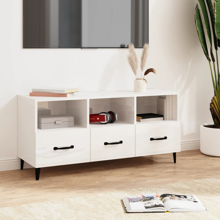 Tv Cabinet Glossy Look White 102X35X50 Cm Engineered Wood Noxlop