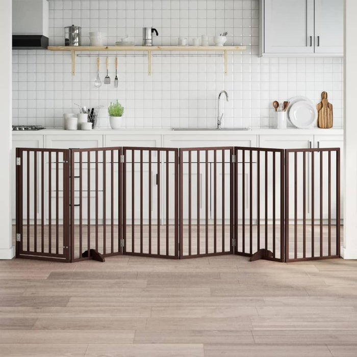 Dog Gate With Door Foldable 6 Panels Brown 300 Cm Poplar Wood Tpxokk