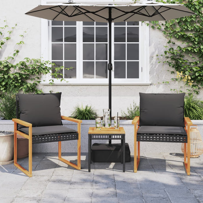3 Piece Bistro Set With Cushions Black Poly Rattan Acacia Wood Tlpnlb