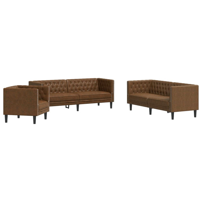 3 Piece Chesterfield Sofa Set Brown Faux Suede Leather Txbkxit
