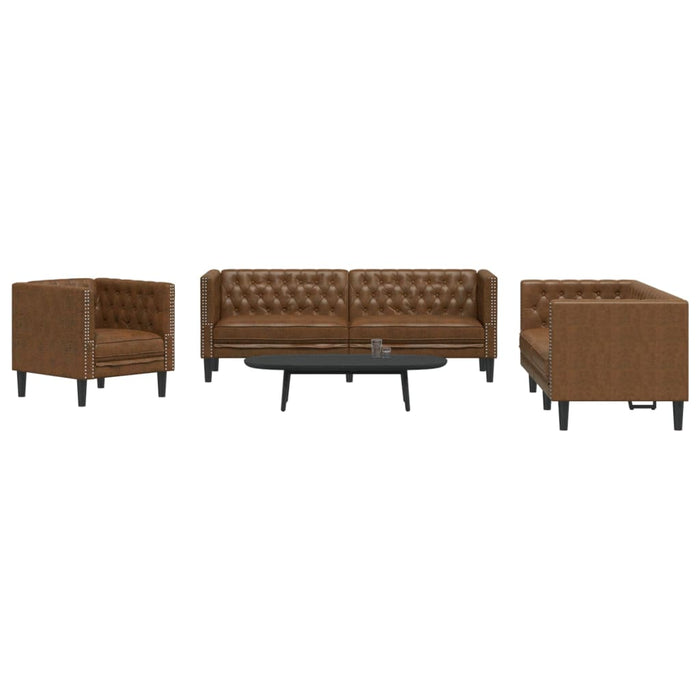 3 Piece Chesterfield Sofa Set Brown Faux Suede Leather Txbkxit