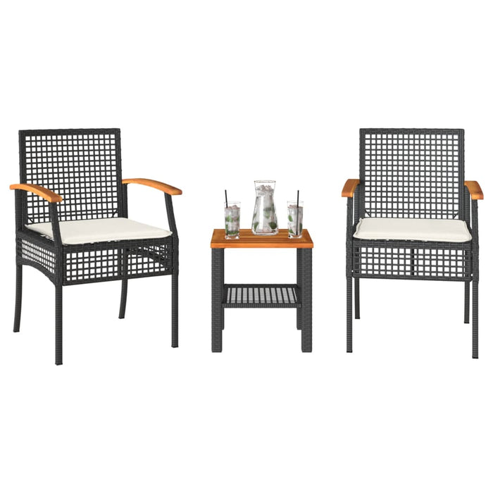 3 Piece Bistro Set With Cushions Black Poly Rattan Acacia Wood Tllxpk