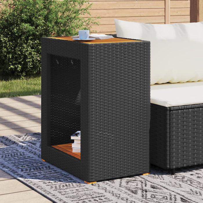 Garden Side Table With Wooden Top Black 60X40X75 Cm Poly Rattan Tlltbt