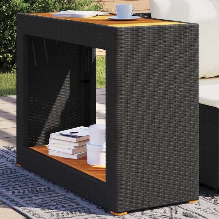 Garden Side Table With Wooden Top Black 100X40X75 Cm Poly Rattan Tlltbl