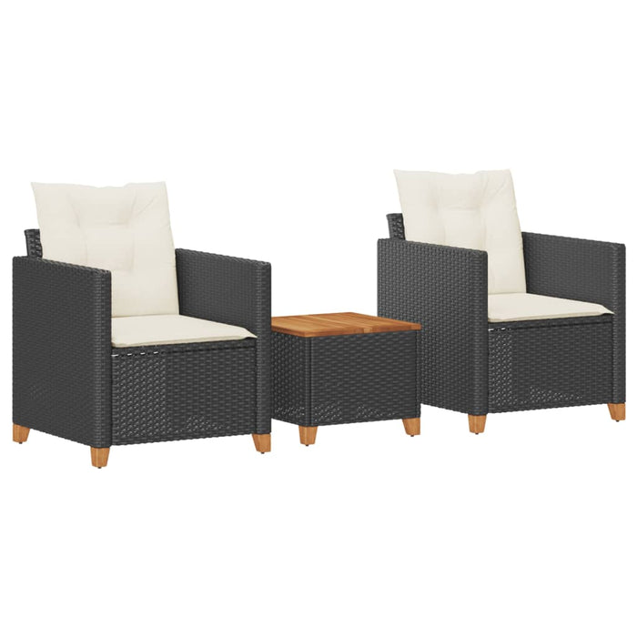 3 Piece Bistro Set With Cushions Black Poly Rattan Acacia Wood Tlltbk
