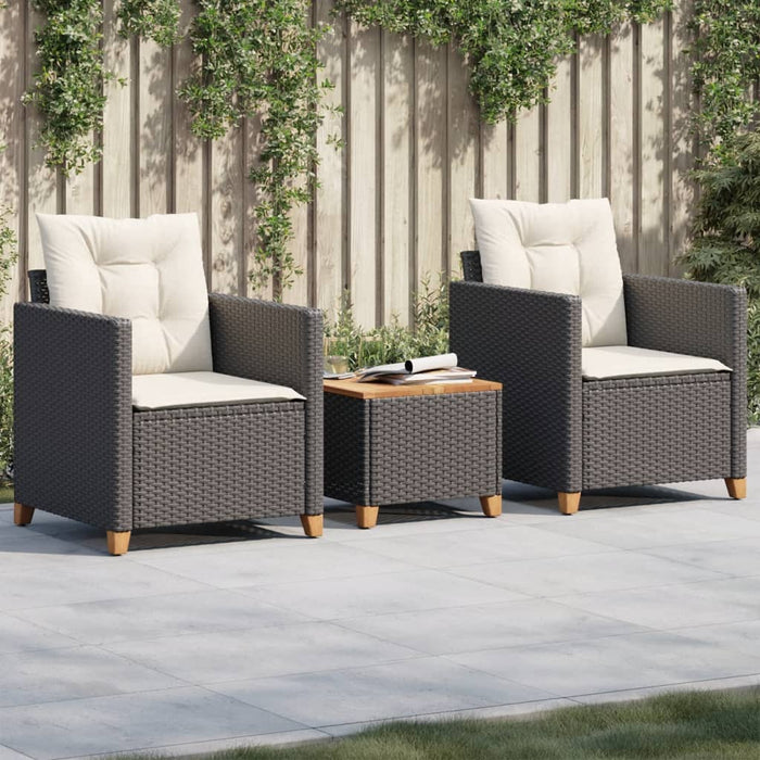 3 Piece Bistro Set With Cushions Black Poly Rattan Acacia Wood Tlltbk