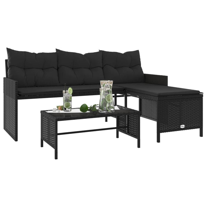 Garden Sofa With Table And Cushions L-Shaped Black Poly Rattan Tlppix