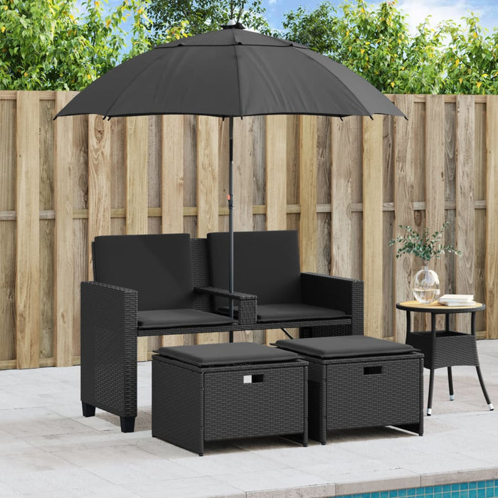 Garden Sofa 2-Seater With Parasol And Stools Black Poly Rattan Tlpnnt