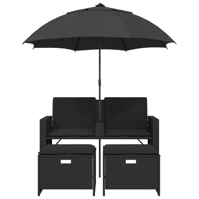 Garden Sofa 2-Seater With Parasol And Stools Black Poly Rattan Tlpnnt