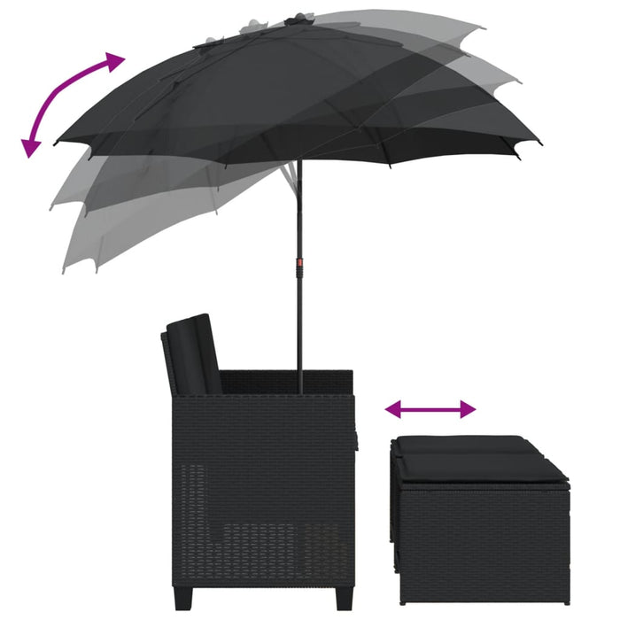 Garden Sofa 2-Seater With Parasol And Stools Black Poly Rattan Tlpnnt