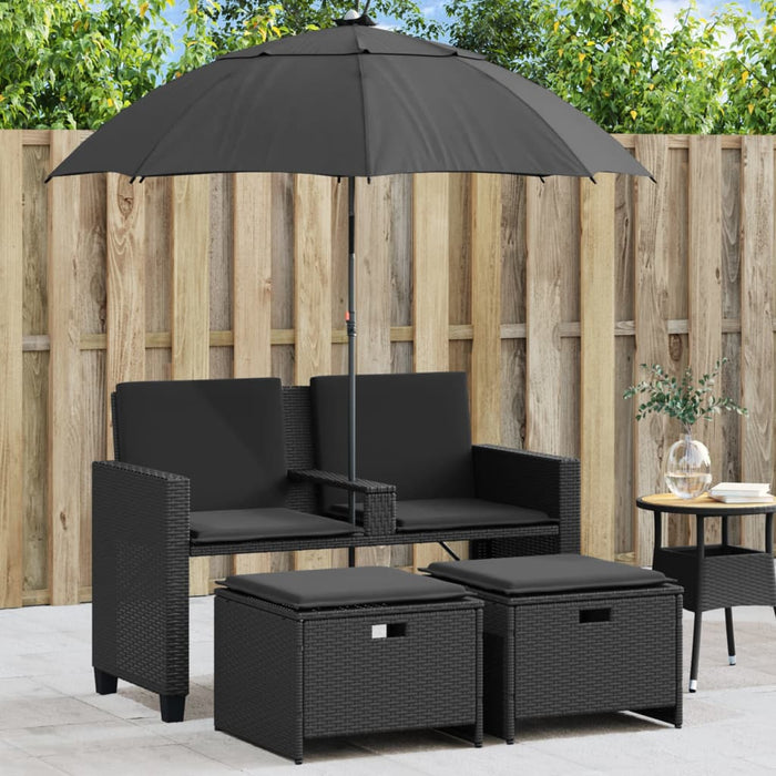 Garden Sofa 2-Seater With Parasol And Stools Black Poly Rattan Tlpnnt