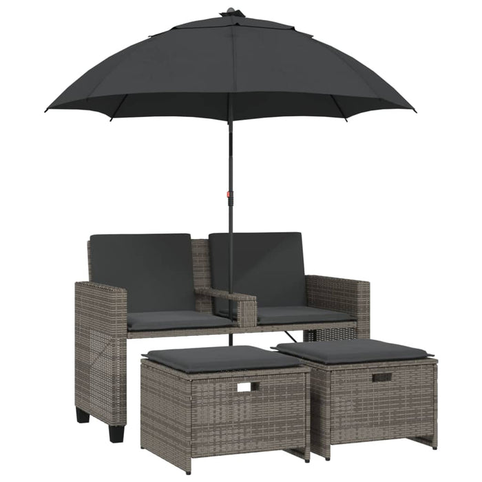 Garden Sofa 2-Seater With Parasol And Stools Grey Poly Rattan Tlpnnp