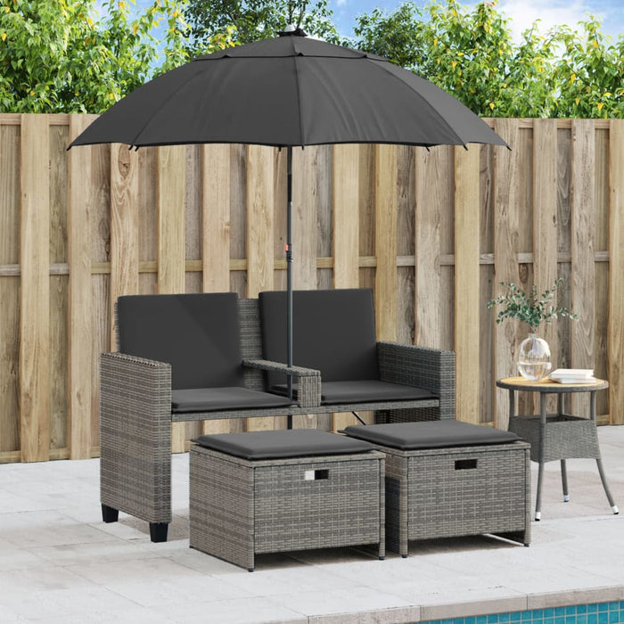 Garden Sofa 2-Seater With Parasol And Stools Grey Poly Rattan Tlpnnp